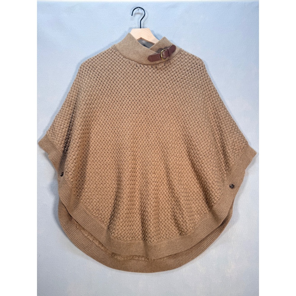 Banana Republic Womens Tan Cotton Knit Basketweave Poncho Buckle Neck Small